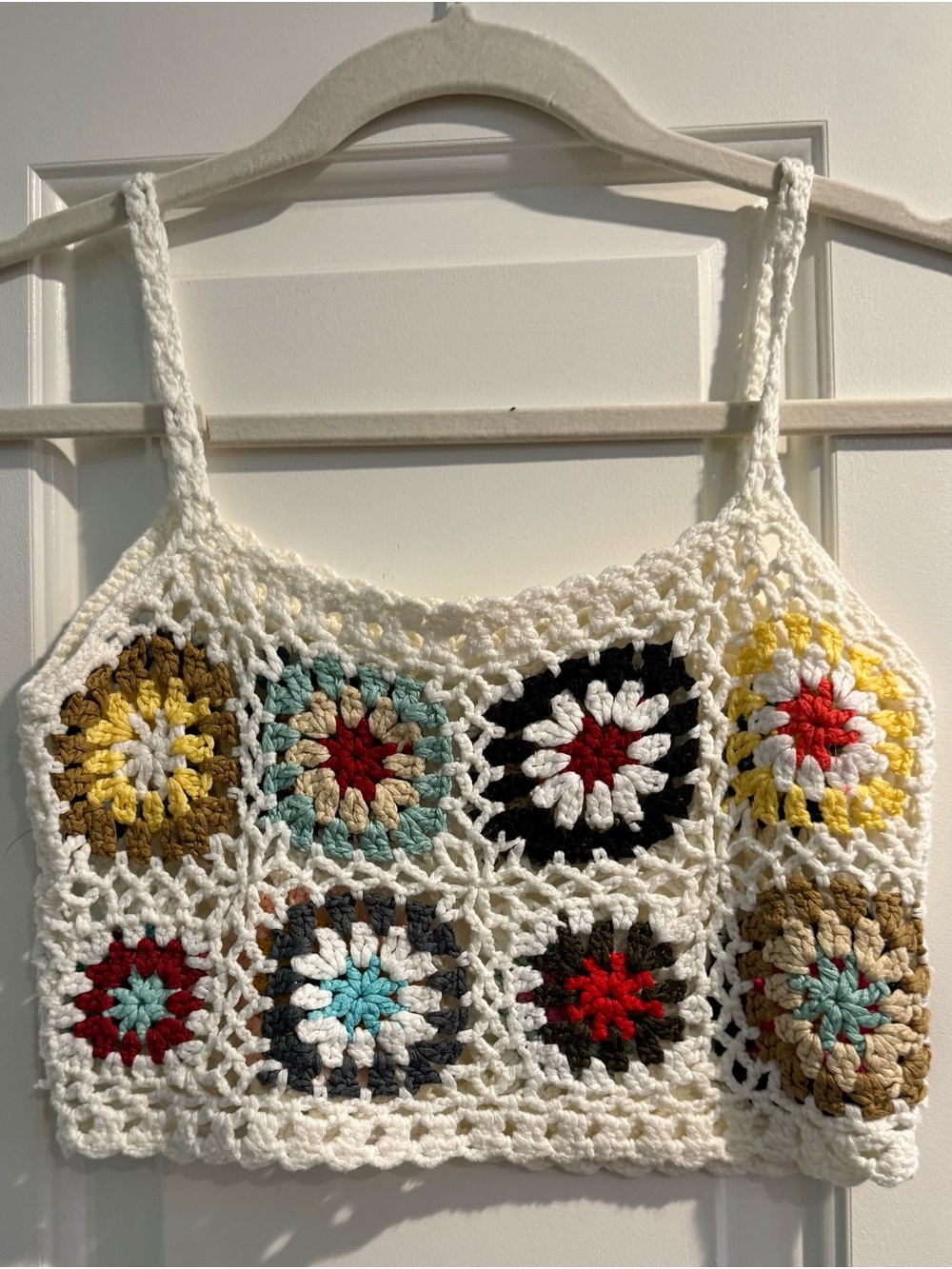 Handmade White Crochet Square Pattern Super-Crop Top with Multicolor Motifs